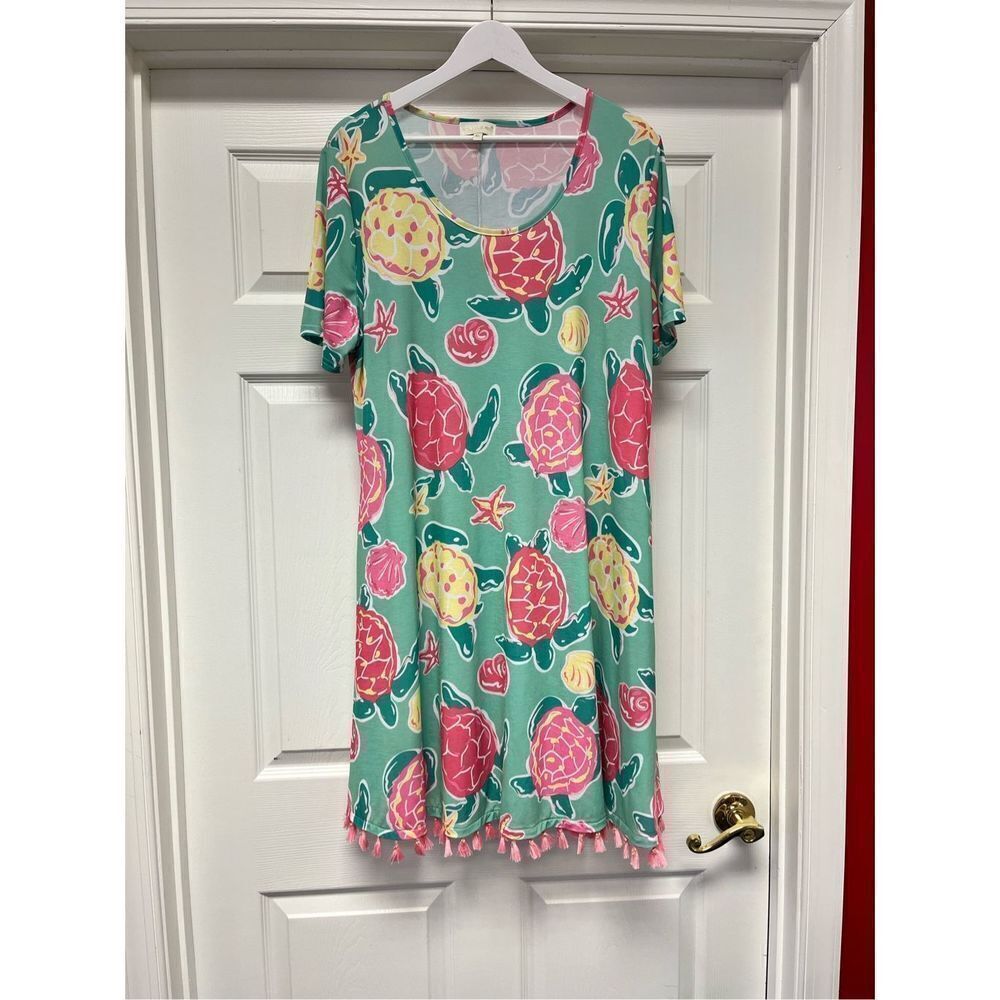 Simply Southern Green Sea Turtle Tassel Trim Sheath Dress sz XL EUC